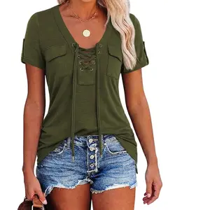 Flamingals Flap Pocket Lace Up V Neck Short Sleeve T-Shirt