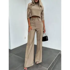 Elegant Office Lady Suits Fashion Solid Color Two Piece Set For Women Casual Crop Top+high Waist Pants Women's Sets 2024 Autumn