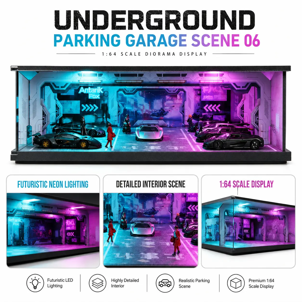 Diorama 1:64 Cyberpunk Series Scene Car Parking Lot Model LED Lighting Cool Car Garage Model Mini Die-cast Car Collection Car Display Case Scale Model City Street Scene Model Car Matching Model