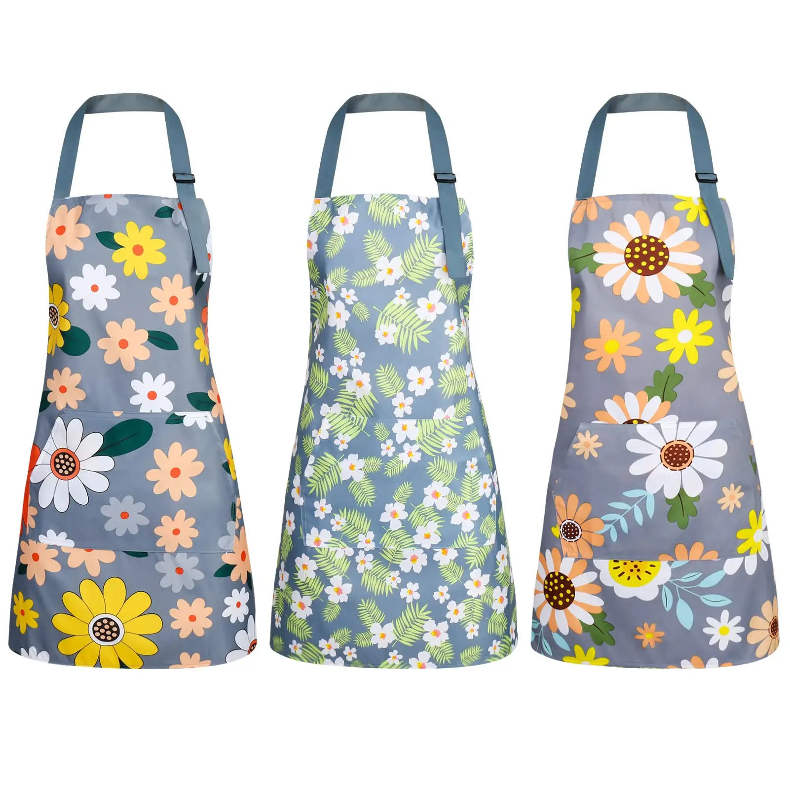 Women’s 3pcs Flower Floral Print Synthetic Waterproof Adjustable Cotton Kitchen Cooking Apron Set - 27.5 in Length, 25.98 in Wide Pocket, Adjustable Straps, Easy-to-Clean, Antique Aprons for Cooking/Gardening Mother's Day Gift