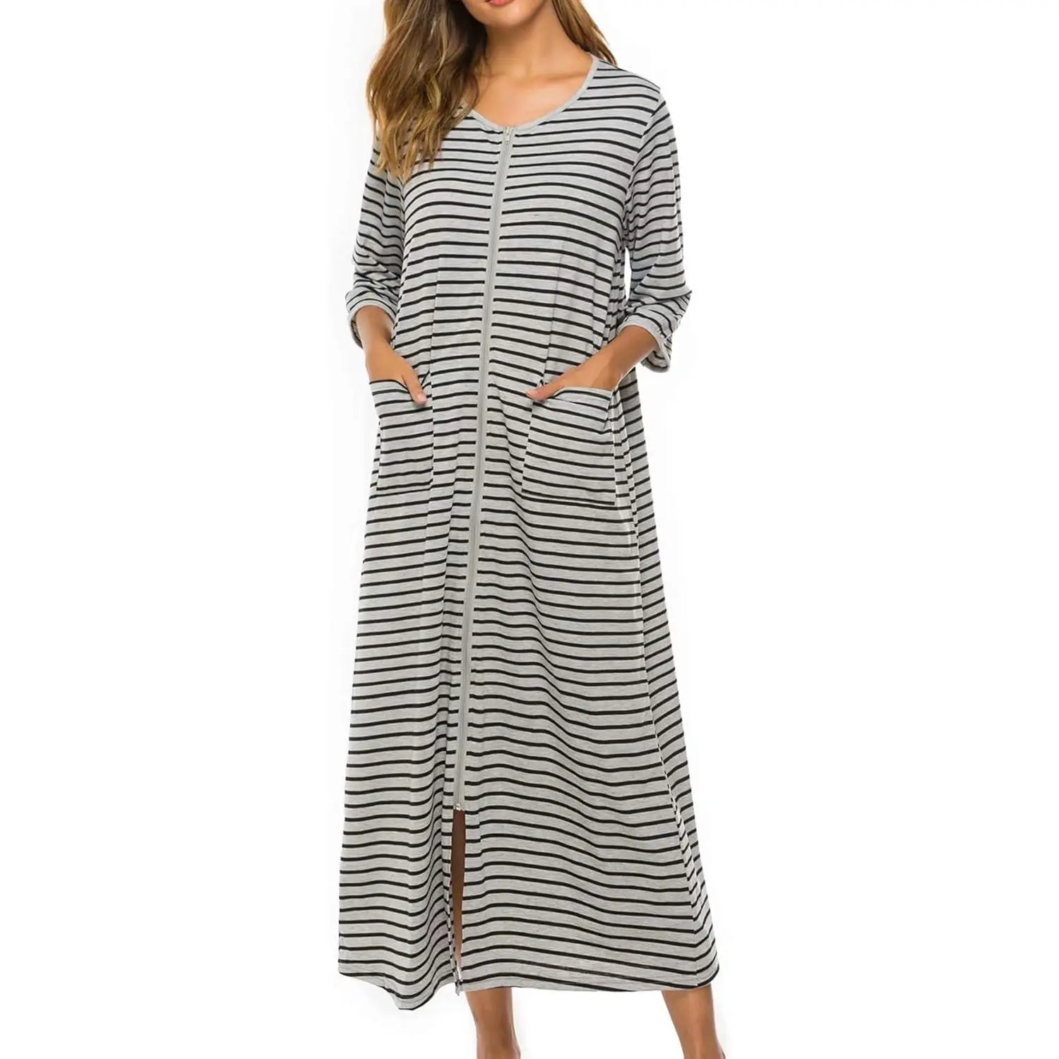 Women's Casual Nightwear Robe, Striped Zipper Front Sleep Dress with Half Sleeves and Pockets, Long Loungewear, Stripe, Black And White Stripes