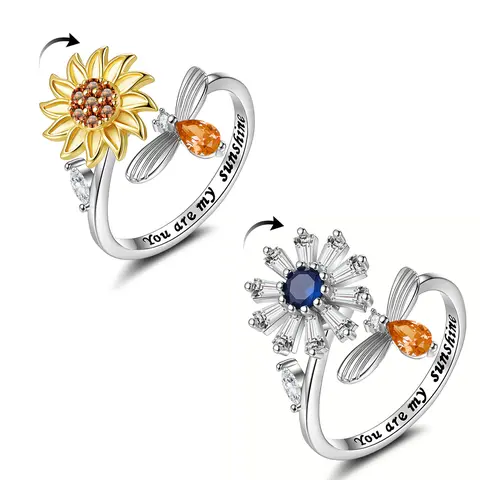 Women's 2-Piece Stackable Spinning Fidget Rings - 360-Degree Spin Function, Sunflower, Butterfly, Bee, Star & Moon Designs, Adult Anxiety & Stress Relief Fashion Costume Jewelry, Stackable Rings, Female, Stacking Rings, Rings For Women