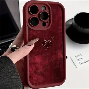 Phone Case - A Wine Red Velvet Heart-Shaped Design Suitable for TPU Cases Compatible with Iphone 17 Pro Max, Iphone 16 Pro Max/15/14/13 Pro/12/11/7/8 Plus/X/Xr/Xs Max. It Features a Minimalist And Creative Style, High Aesthetic Appeal