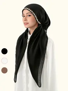 Women's Fashion Plain Plaid Rhinestone Headscarf, Elastic Cap, Sun Protection Breathable Jersey Modest Hijab, Suitable for All Occasions