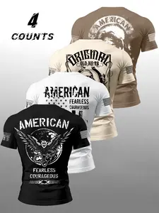 Men's Summer Vintage Flag Print Round Neck Short Sleeve T-Shirt Set, Soft Breathable Comfort, Outdoor Casual Fashion, Multiple Colors Available