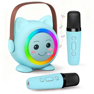 SY10 cartoon cat head Bluetooth speaker with 360 ° surround sound, RGB colorful lighting, portable karaoke sound system, dual wireless microphones, rechargeable microphone