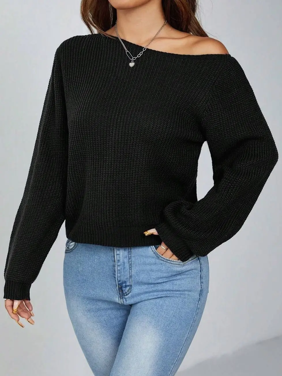PETITE Pullover Slanted Shoulder Ribbed Women's Sweater,Long Sleeve Tops,Off The Shoulder Sweater In Fall/Winter ,Petite Women