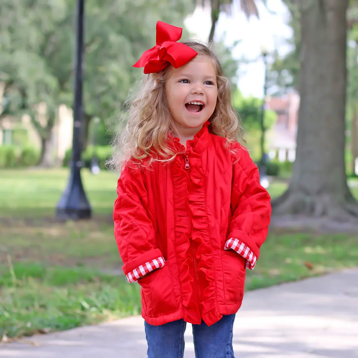 Red Quilted Ruffle Coat - Cute Girls Jacket with Red Gingham Lining Solid Color Coat Casual Cute Outerwear