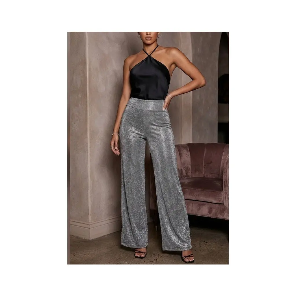 House of CB Margarita Silver Sparkly Wide Leg Trousers - Size Small