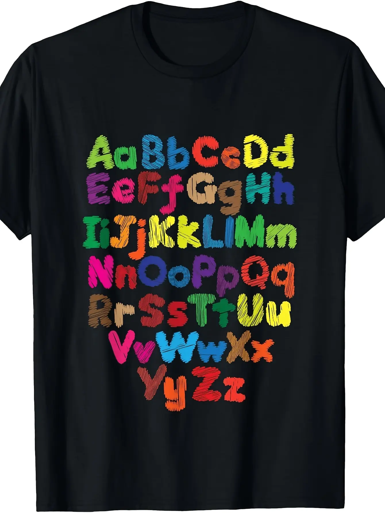 Vibrant Colorful Alphabet Typography Design T-Shir unisex soft cotton short sleeve t shirt, vintage graphic casual tee for men women teens, perfect birthday holiday gift for camping travel gym daily street  wear