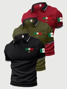 3-pack men’s summer cotton short-sleeve polo shirts with Mexico flag theme, Mexico flag print, classic retro style, lightweight versatile sports casual outdoor fashion golf apparel, trendy black short sleeves