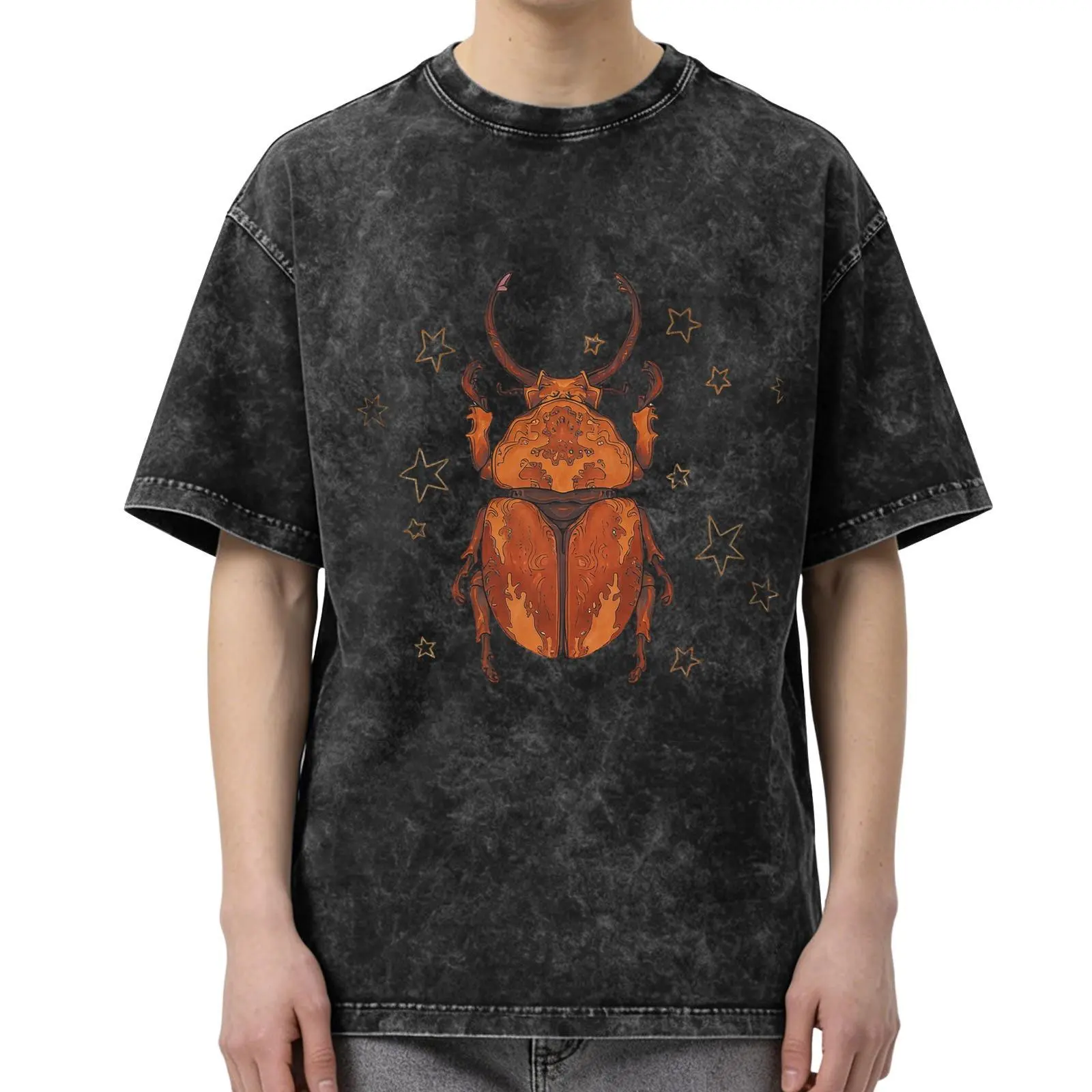 Vintage Beetle Graphic T-Shirt | Cute Star Acid Wash Tee | Oversized Streetwear Celestial Bug Graphic T Shirt