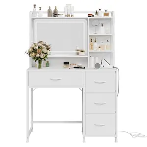 Modern Vanity Desk with Mirror and Adjustable LED Lights – 35.4'' Makeup Table with 4 Fabric Drawers, Storage Shelves, Stylish Bedroom Furniture Modern Dressing Table for Bedroom, Gift for Women
