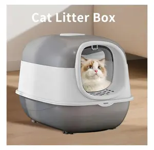Petlovers Summervibes Cat Litter Box with Lid, Large Enclosed Cat Washroom, Odor Control, Non-Clumping Litter Box, Easy Clean, Cat Toilet for Indoor Cats, Grey