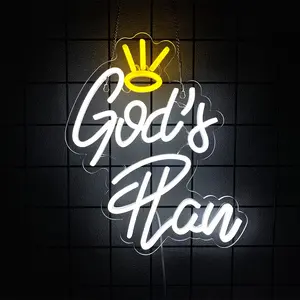 God's Plan Neon Led Sign, God Neon Sign for Wall Decor, White Letter Neon Lights Signs with USB Powered for Bedroom, Living room, Wall Art Decoration