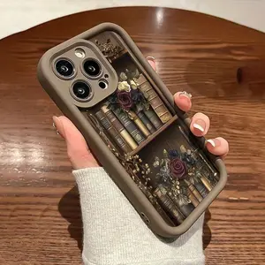 Vintage Floral Bookshelf Pattern TPU Phone Case for IPhone 16 15 14 Pro Max 13 12 11 XR XS Plus Shockproof Non Slip Military-Grade Protection Silicone Cover