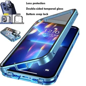 360°Full Protection Metal Magnetic Snap Lock Phone Case For IPhone 15 13 12 14 16 Pro Max Plus Double-sided Glass Bumper Cover