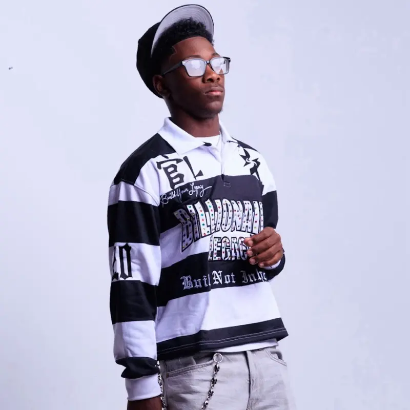 BLACK RUGBY POLO Men's Stylish Striped Design with Bold Lettering and Comfortable Fit