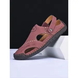 Men's Letter Pattern Round Toe Sandals, Casual Comfortable Soft Sole Beach Shoes, Non-slip Sandals for Outdoor Driving, Fashionable Shoes for Daily Wear, Slip Resistant Sandals