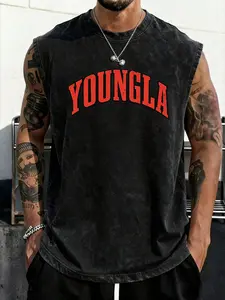 Men's Washed Sleeveless Tank Top, YOUNGLA Letter Graphic Print, Casual Gym Streetwear Crewneck Tank for Men