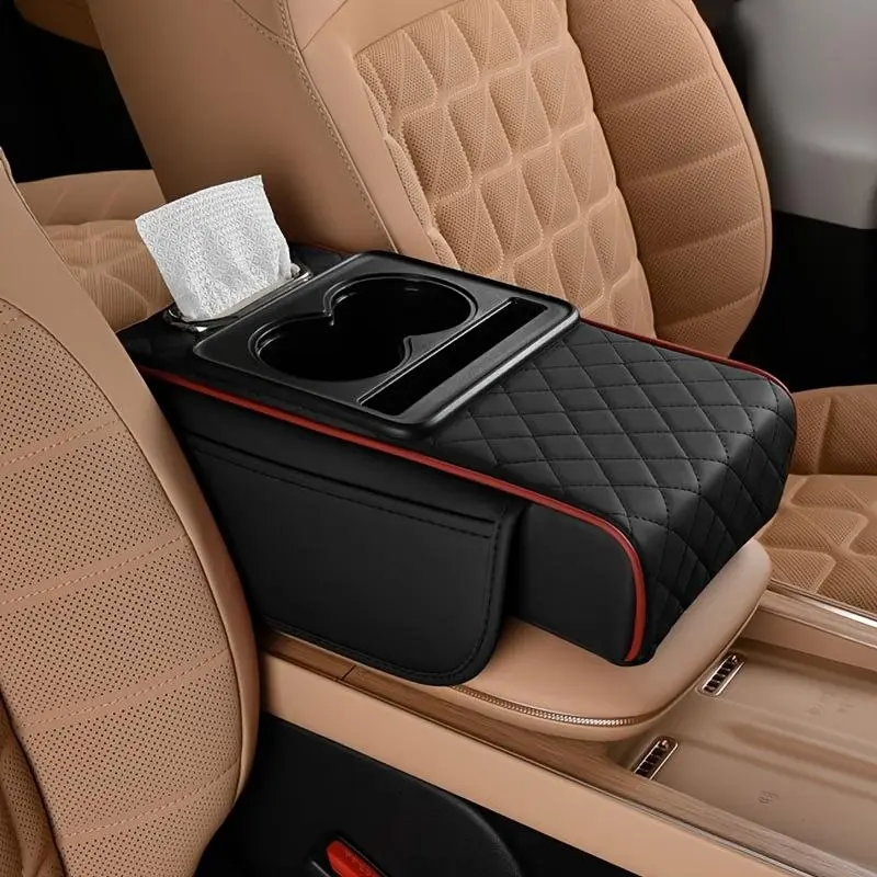 Multifunctional PU Leather Car Armrest Cushion with Central Elbow Pad, Storage Bag and Tissue Box, Comfortable Luxury Car Interior Accessory, Car Organizers, Car Console Organizer, Car Organization Supplies