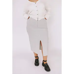 Women's Plus-Size Fitted Fine Line Skirt - Casual Elastic Spandex Fabric Bottom with Pockets, Cream Color Option
