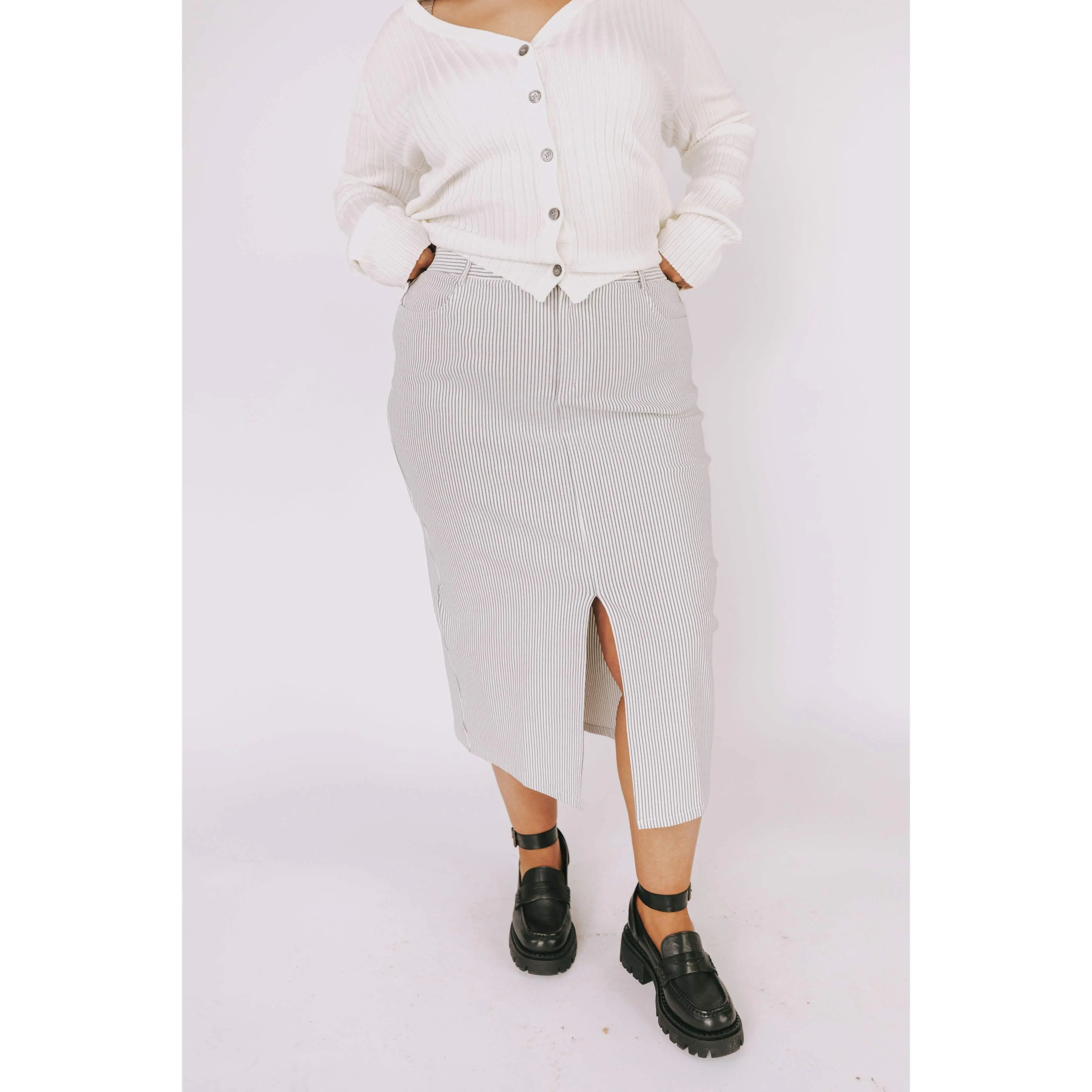 Women's Plus-Size Fitted Fine Line Skirt - Casual Polyester Elastic Spandex Fabric Bottom with Pockets, Cream Color Option