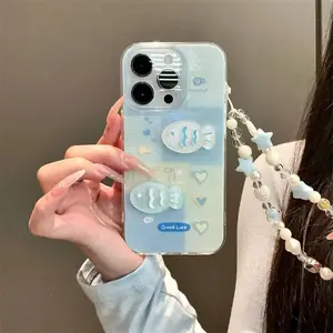 Crystal transparent white light splicing bow three-dimensional small fish Protective phone case with chain for iPhone 11 12 13 14 15 16 pro max