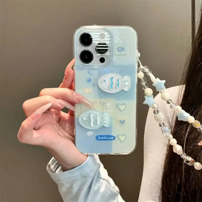 Crystal transparent white light splicing bow three-dimensional small fish Protective phone case Cover with chain for iPhone 11 12 13 14 15 16 pro max Accessories