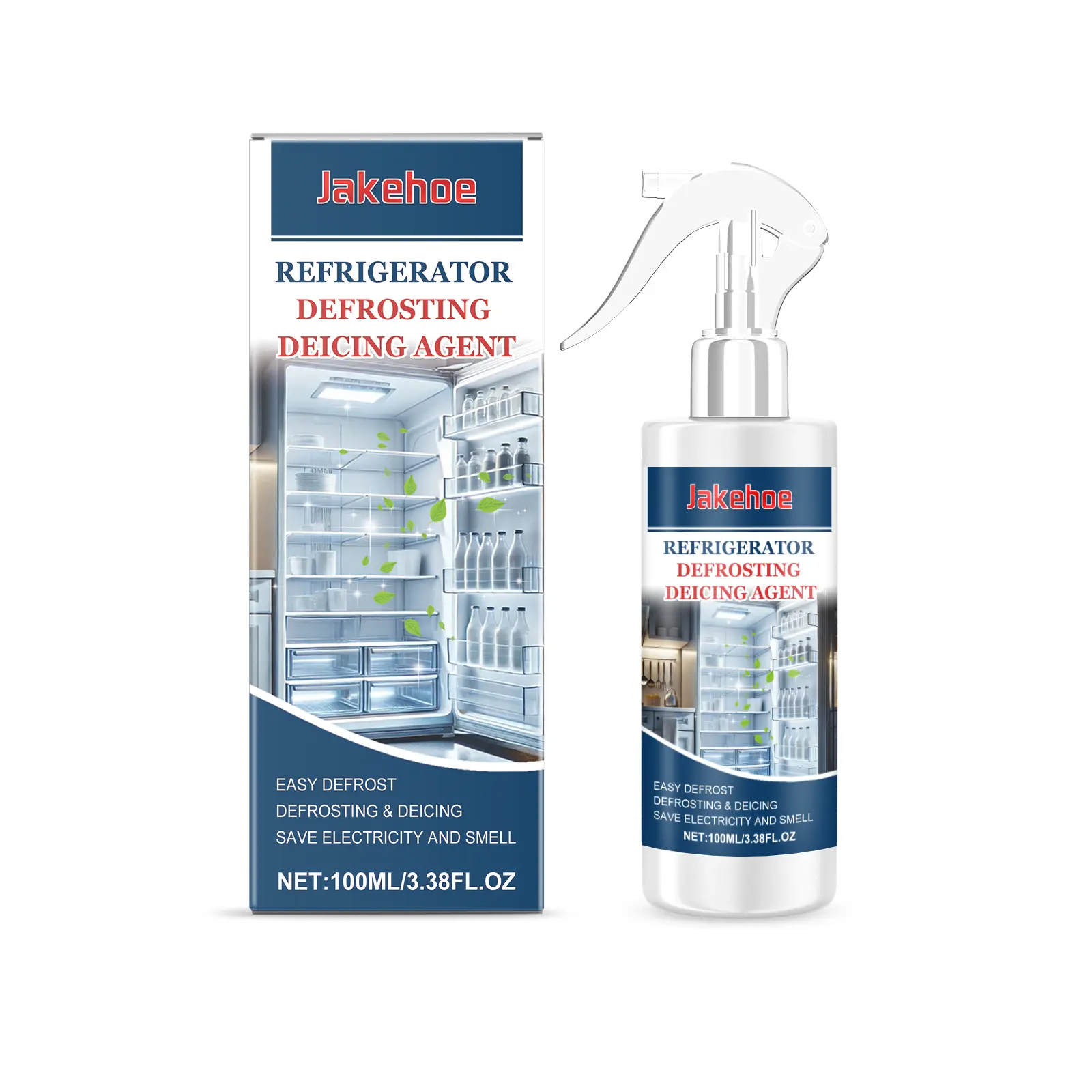 Jakehoe Refrigerator Defroster Spray - All-Purpose Defrosting Aid, Fast-Acting Ice & Frost Melter with Ethylene Glycol Penetrating Spray, Anti-Icing, No-Scratch for Freezers & Fridges, 3.38 FL.OZ