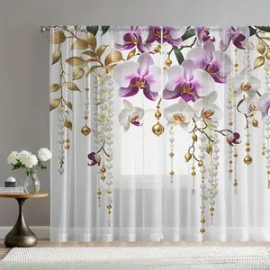 2-piece set of purple flower tassel pattern digital printed curtains, semi transparent polyester material, creative Valentine's Day window decoration curtains, suitable for living rooms, bedrooms, semi blackout privacy home decoration curtains