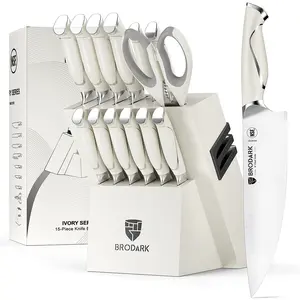 BRODARK Kitchen Knife Sets with Block and Built-in Sharpener, 15 Pcs Full Tang Professional Chef Knife Set, NSF Certified Food Grade Stainless Steel Cutlery Set, Ivory Series Outdoorfun