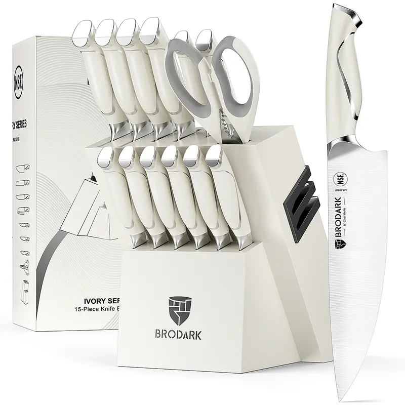 BRODARK Ivory Series 15-Piece Full Tang Ergonomic Professional Knives Kitchen Set, NSF Certified Rustproof High Carbon Stainless Steel, Balanced Design, Durable Scratch Resistant Serrated Blades, Wood Storage Block with Built-in Sharpener for Heavy Use