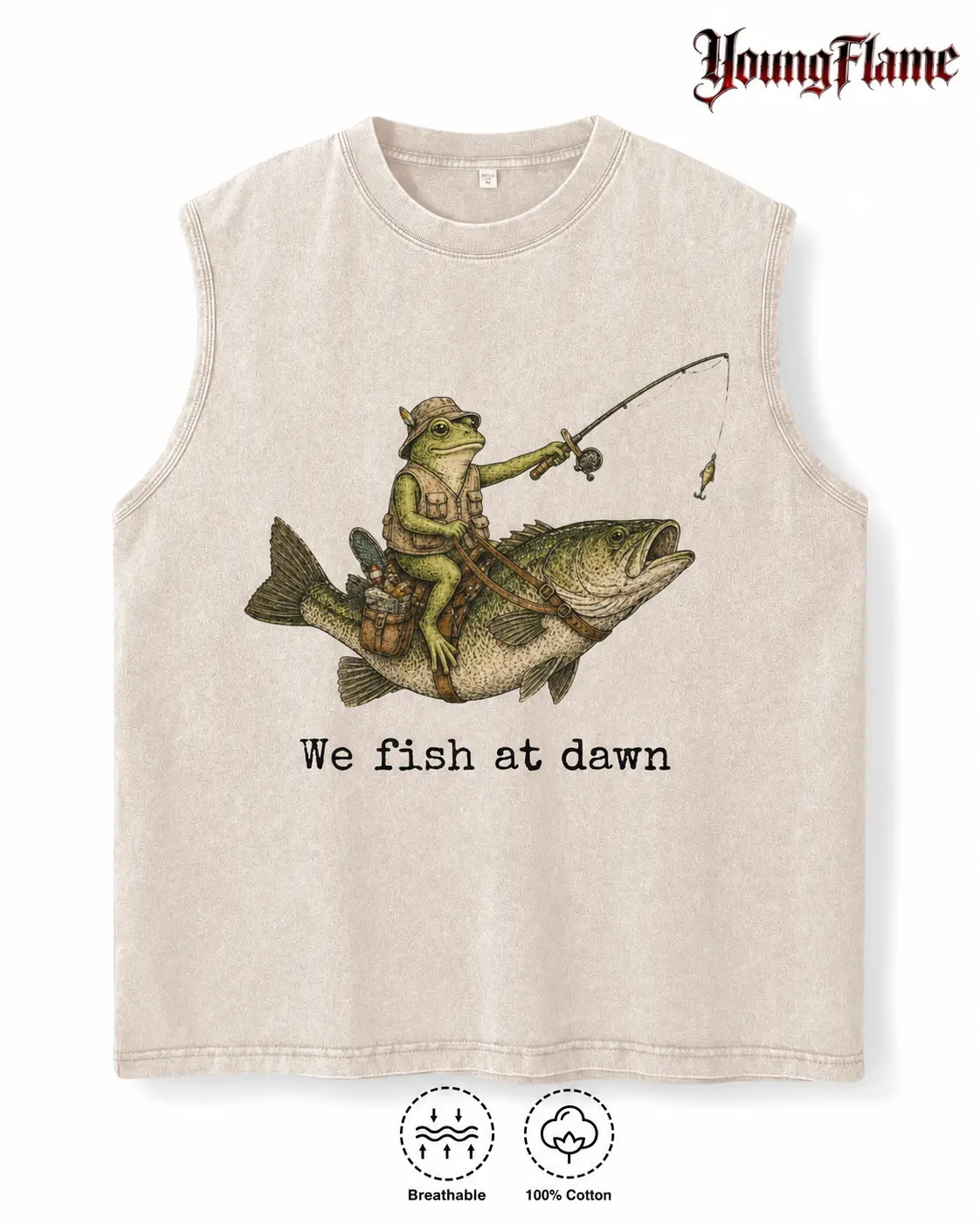 Vintage Beige Funny Frog Fishing Graphic Tee A Comfortable Summer Gift Meme Streetwear Y2K Clothing Men Sleeveless Tank Top cotton shirt
