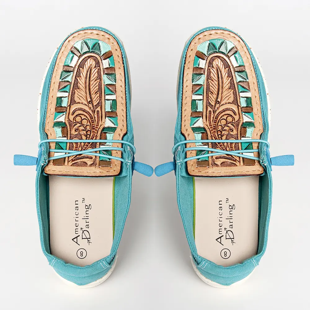 American Darling Hand tooled, carved genuine leather trim lightweight shoe footwear, slip on| Tooled Footwear