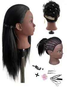 Professional Black Mannequin Head, Wig mannequin, with Kinky Straight Hair - 18 Inches, with Free Clamp Holder & Braiding Tools Yaki Hair for Braiding, Styling, and Cutting Practice, Ideal for Cosmetology Students and Professionals Hairstyle Training Tool