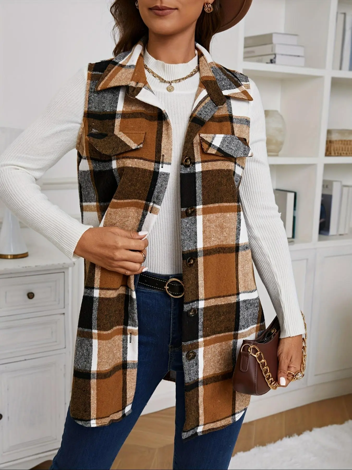 Spring Autumn Women's Fitted Plaid Print Jacket Vest, Single Button Front Design, No-Sleeve Style, Regular Fit, All Season Wear, Casual Woven Fabric, Tops