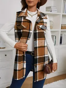 Women's Plaid Print Button Front Vest Coat, Casual Sleeveless Collared Outerwear for Daily Wear, Ladies Clothes for All Seasons