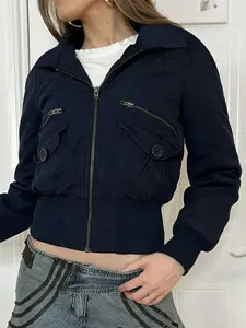 Women's Street Style Casual Workwear Jacket, Spring Vintage Blue Coat, Slim-Fitting Long Sleeve, Pockets & Button Zipper Design, Casual Fitted Jacket