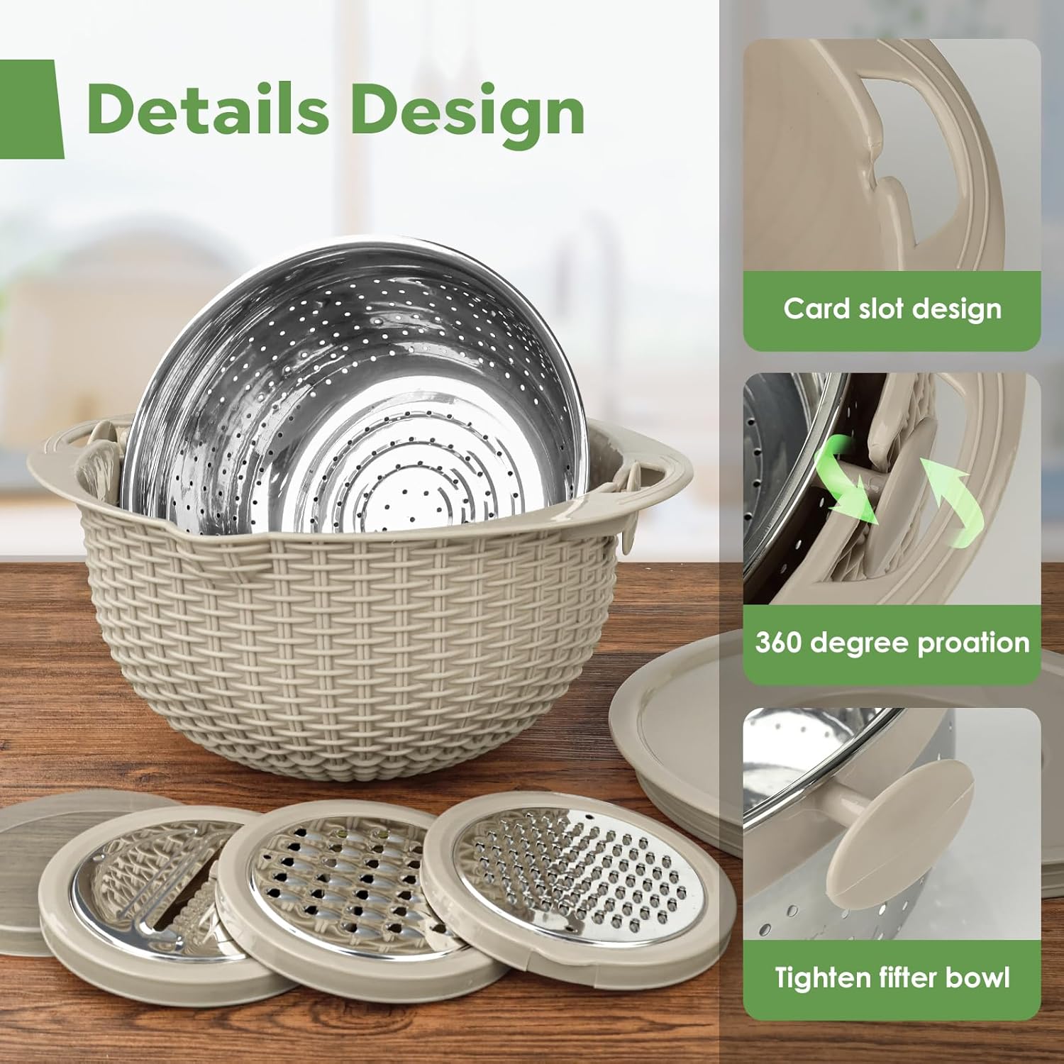 4-1 Multifunctional Kitchen Colander Bowl Set - Includes Kitchen Fruit and Vegetable Cleaner, Food Strainers, and Utensils (Beige)