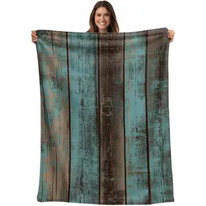 Retro Farm Wood Grain Lightweight Warm Coverlet Cozy Soft Flannel Blankets for Couch Bed Sofa Camping for All Seasons Gradient American Pastoral Style,Fleece Throw Blanket
