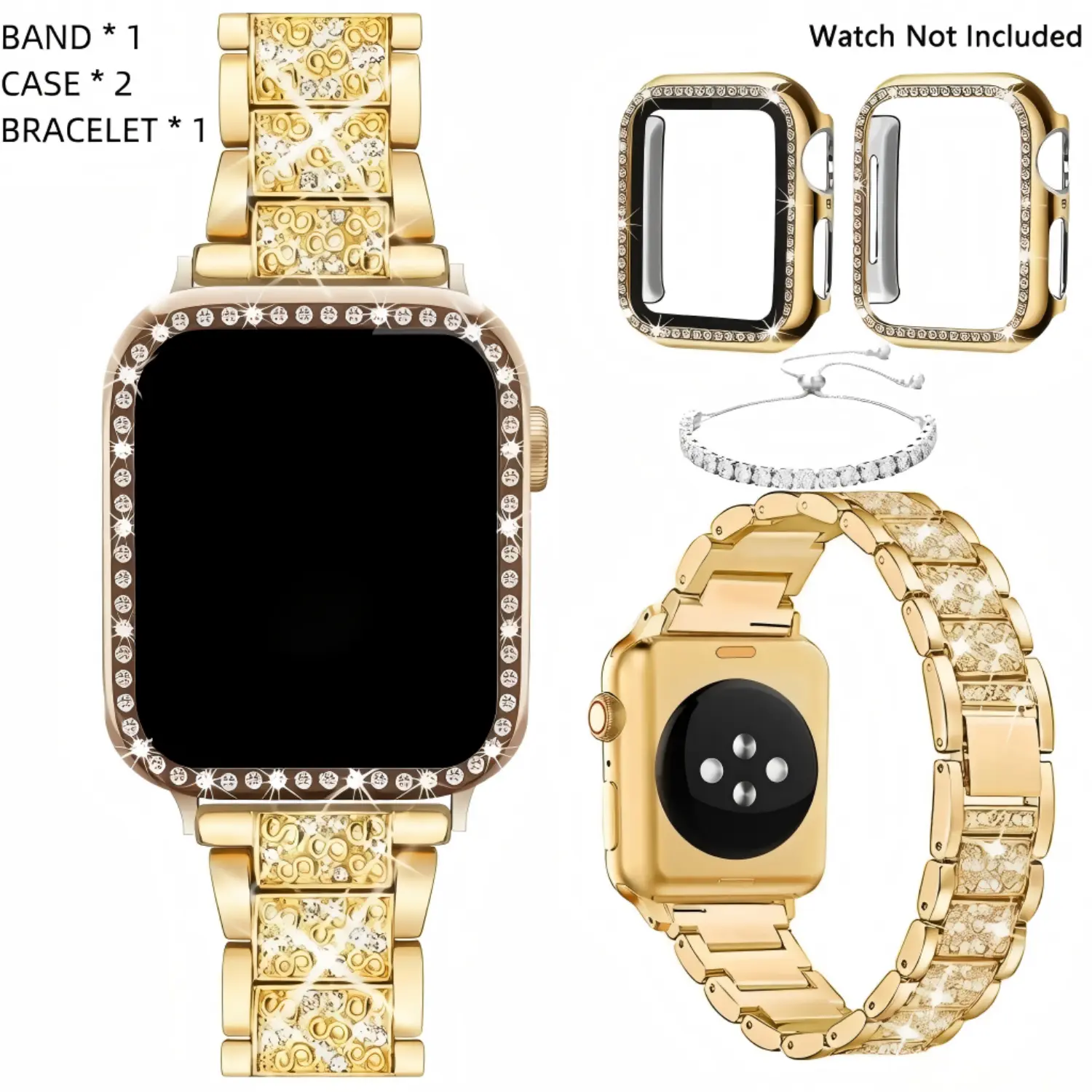 Silver Watch Band Set for Women, 4-Piece Elegant Rhinestone Adjustable Strap with Matching Bracelet and 2 Protective Cases for Smart Watches