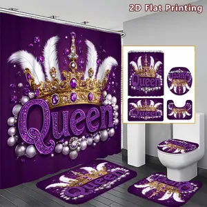 4PCS Queen Crown Shower Curtain set, Purple and Gold Crown with Jewels and Feathers Bathroom Decor, Accessories with Bath Mat, U-shaped Mat, Toilet Lid Cover, 12 Hooks 180x180cm Curtain, Royal Elegance, Home Decor, bathroom accessories