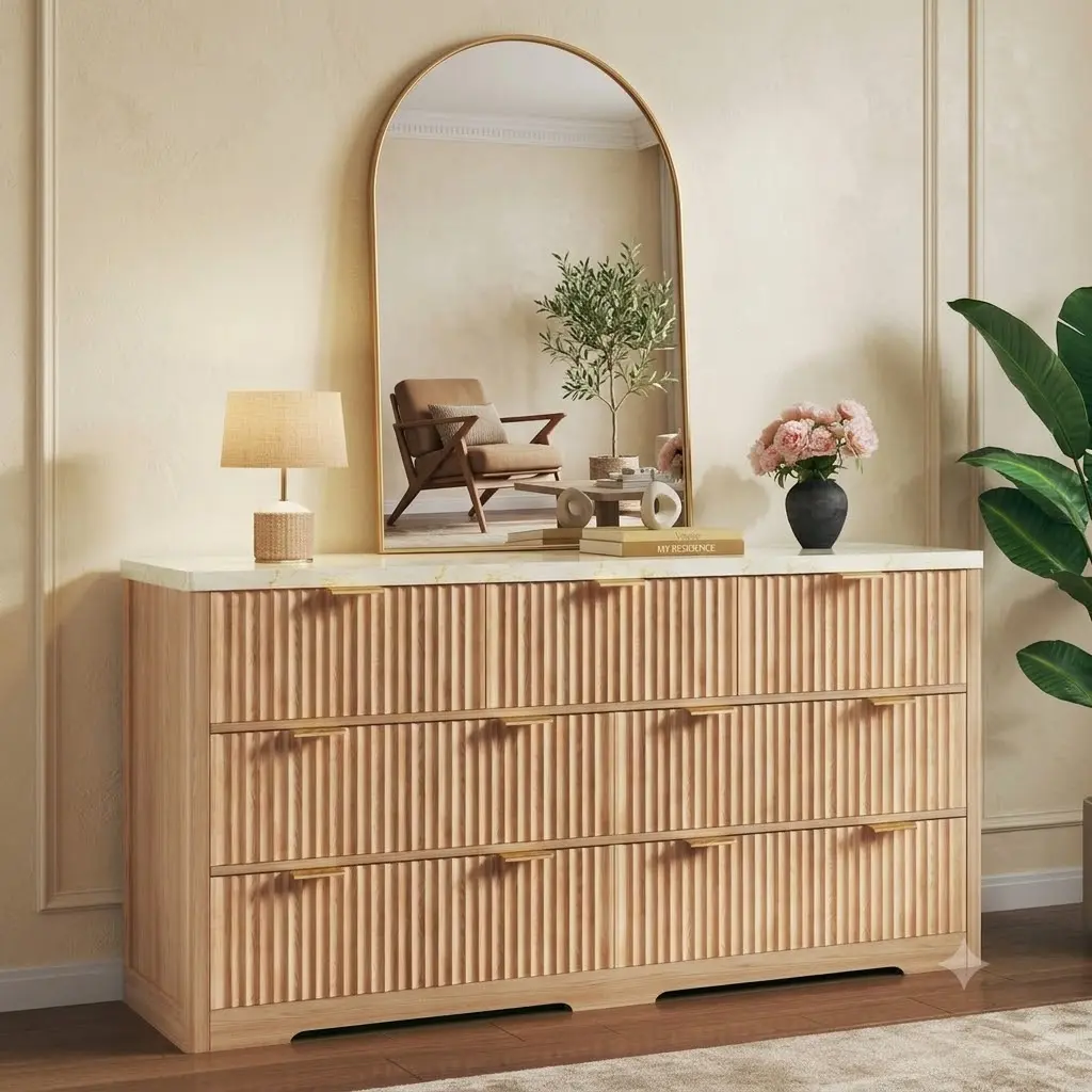 7-Drawer Fluted Modern Chest of Drawers, 53" Bedroom Clothes Storage Cabinet with Faux Marble Top, Gold Handles & Curved Profile, Natural Wood Modern Storage Cabinet for Living Room TV Use, Modern Storage Cabinets