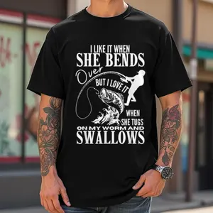 Men's Fishing Humor Graphic T-Shirt – 180GSM Pure Cotton Crew Neck, Bold White Typography & Bass Fishing Silhouette, Stylish & Comfy Casual Wear for Anglers Who Love Playful, Edgy Jokes vintage style top Crewneck Menswear graphic tee