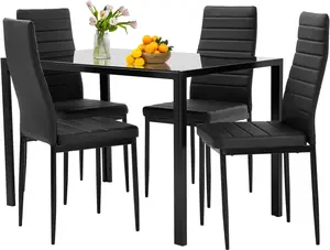 Black Glass Dining Table Set with Rectangular Design, 4 Chairs for Small Spaces, Modern Home Furniture