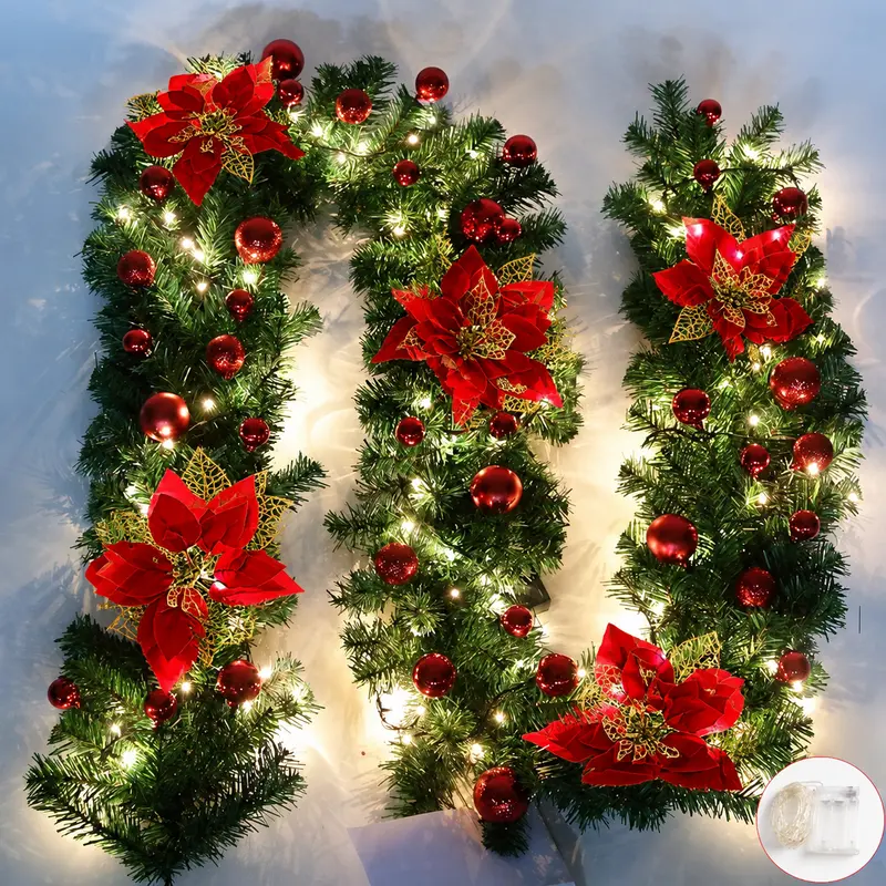 9FT Artificial Christmas Garland Light,Green Vines with Red Flowers Indoor Decorative Lights, Battery-powered LED Lights, Christmas Atmosphere Lights, Holiday Decor, Suitable for Home Stairs, Fireplaces, Front Porch Doors, Christmas Decor for Home 2026
