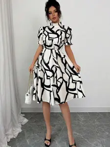 Floral Print Midi Dress - Women's Elegant Casual Puff Sleeve A-Line Dress