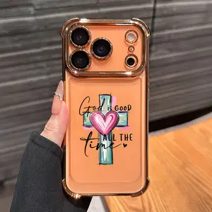 God is Good & Cross Heart Pattern Phone Case , Electroplated Cover with Airbag Shockproof Slim Soft TPU Cover for iPhone X 11 12 13 14 15 16 17 Pro Max Plus Air/Samsung Galaxy S25 S24 S23 S22 Ultra Plus FE