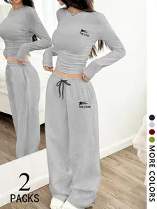 Women's Two-Piece Set, Casual Outfit Set, Round Neck Long Sleeve Top, Straight Leg Pants, Bow Print, Drawstring Design, Soft Comfortable Fabric, Casual Style, Womenswear